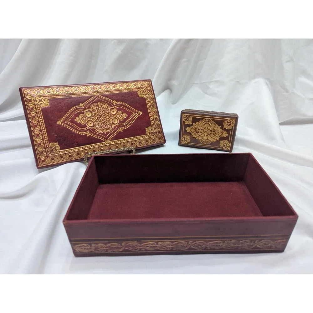 Vintage Signed Leather/Faux Box Set, Hand Tooled Brazilian Storage Boxes